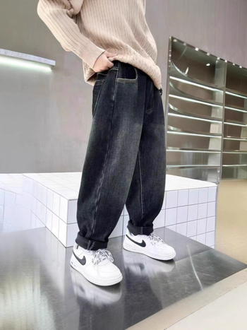 Fiúknak szóló fleece-vel bélelt farmernadrág téli viselet, középmagas derekú, 85% pamut