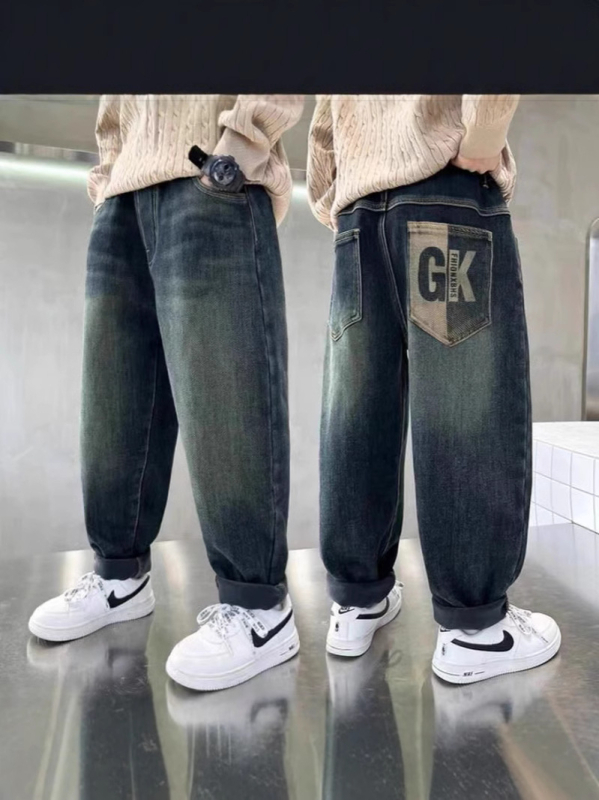 Fiúknak szóló fleece-vel bélelt farmernadrág téli viselet, középmagas derekú, 85% pamut