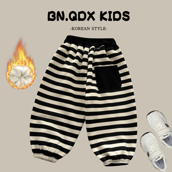 Pantaloni de iarnă pentru copii – căptușeală din fleece, în dungi, casual, unisex (Poliester 95%, talie medie, iarnă)
