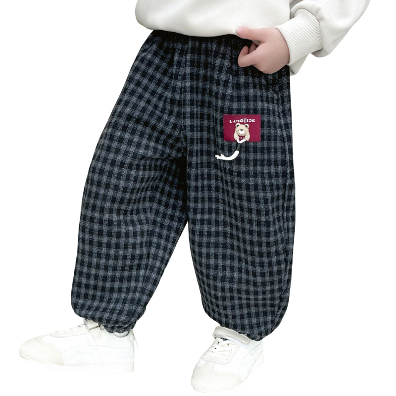 Pantaloni pentru băieți cu căptușeală de fleece, în stil coreean, model carouri, 70% poliester, pentru copii 3–8 ani