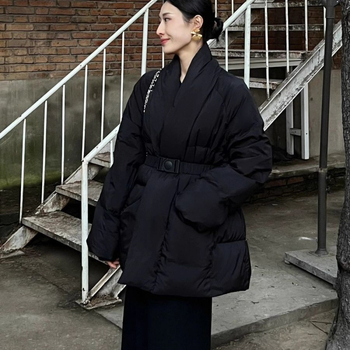 Γυναικείο παλτό από βαμβάκι σε κινεζικό στυλ, μαύρο, στηριζόμενο στη μέση, χειμωνιάτικο μεσαίου μήκους 65–80 εκ, παχύ μείγμα πολυεστέρα-ελαστάν με βαμβακερή επένδυση, φερμουάρ, γιακά polo