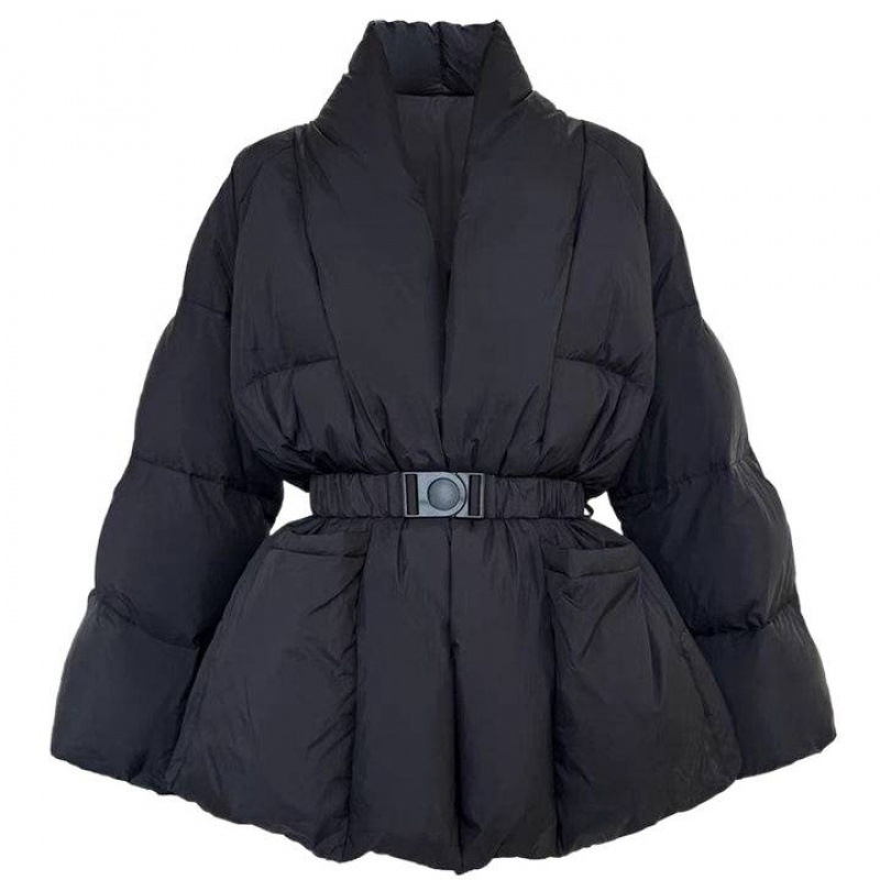 Γυναικείο παλτό από βαμβάκι σε κινεζικό στυλ, μαύρο, στηριζόμενο στη μέση, χειμωνιάτικο μεσαίου μήκους 65–80 εκ, παχύ μείγμα πολυεστέρα-ελαστάν με βαμβακερή επένδυση, φερμουάρ, γιακά polo