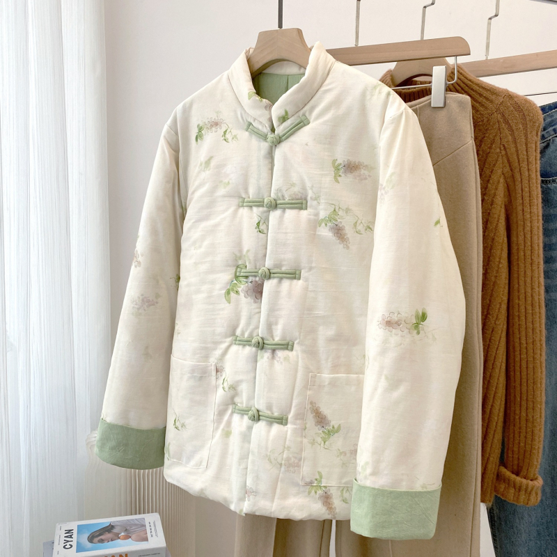 Zimska pamučna jakna s punjenjem od pamuka, labave siluete, dugi rukavi, stojeći ovratnik, debeli nadjev, cvjetni uzorak