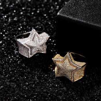 Prsten s punim dijamantima, 3D petokraka zvijezda, dvostruki bakreni sloj, pozlaćen, muški hip-hop stil