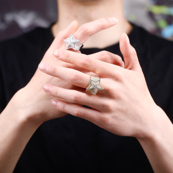 Prsten s punim dijamantima, 3D petokraka zvijezda, dvostruki bakreni sloj, pozlaćen, muški hip-hop stil