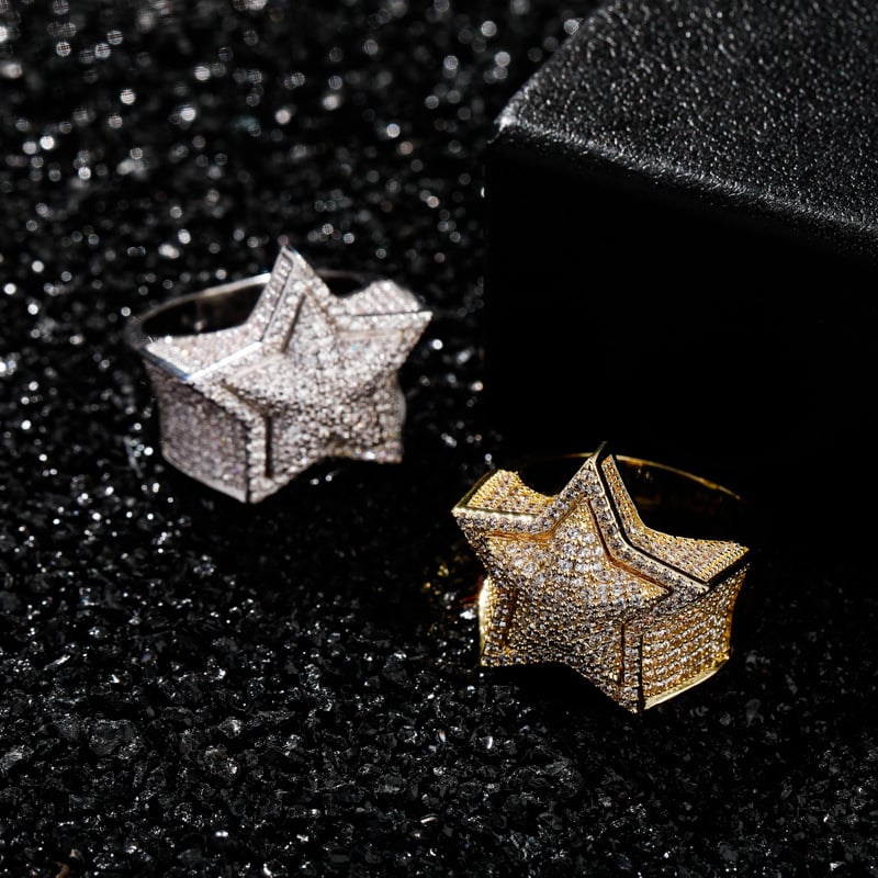 Prsten s punim dijamantima, 3D petokraka zvijezda, dvostruki bakreni sloj, pozlaćen, muški hip-hop stil