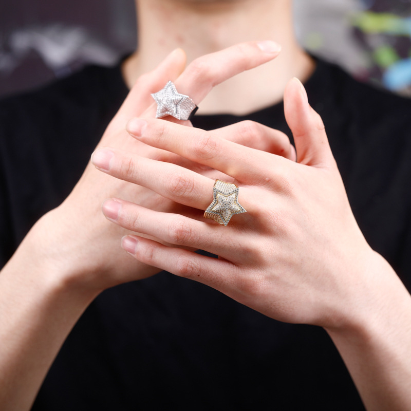 Prsten s punim dijamantima, 3D petokraka zvijezda, dvostruki bakreni sloj, pozlaćen, muški hip-hop stil