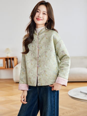 Ženska reverzibilna pamučna jakna s stojećim ovratnikom, jednostrano kopčanje, dugačak kroj, viskozna tkanina