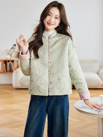 Ženska reverzibilna pamučna jakna s stojećim ovratnikom, jednostrano kopčanje, dugačak kroj, viskozna tkanina