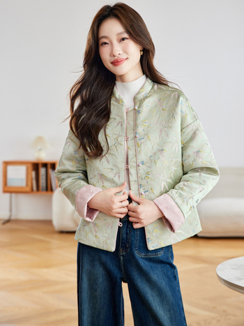 Ženska reverzibilna pamučna jakna s stojećim ovratnikom, jednostrano kopčanje, dugačak kroj, viskozna tkanina