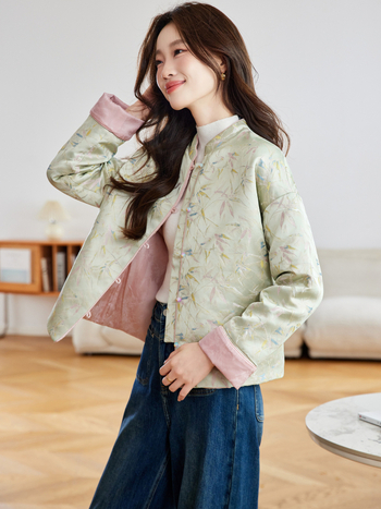 Ženska reverzibilna pamučna jakna s stojećim ovratnikom, jednostrano kopčanje, dugačak kroj, viskozna tkanina