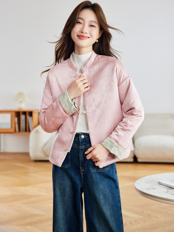 Ženska reverzibilna pamučna jakna s stojećim ovratnikom, jednostrano kopčanje, dugačak kroj, viskozna tkanina