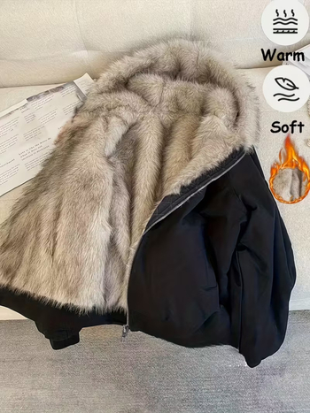 Crna retro pamučna jakna s krznenim ovratnikom, ženski zimski casual stil