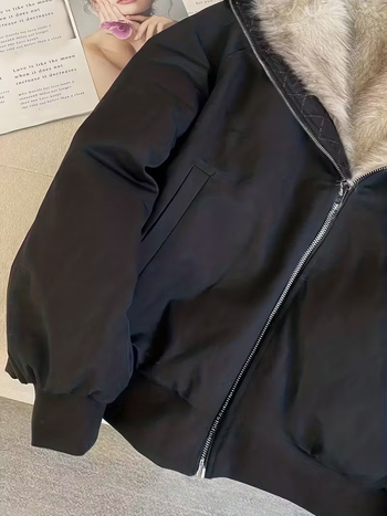 Crna retro pamučna jakna s krznenim ovratnikom, ženski zimski casual stil