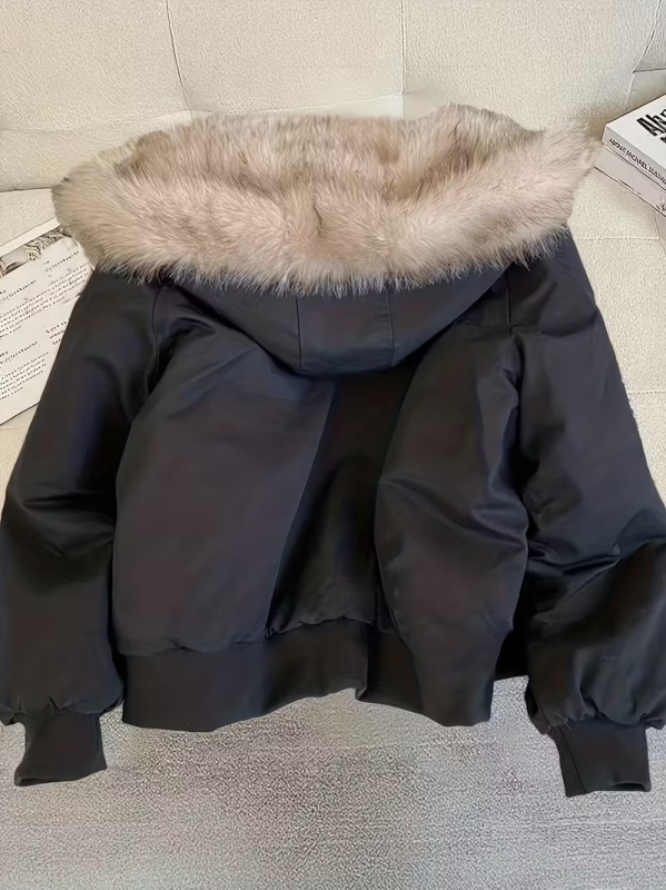 Crna retro pamučna jakna s krznenim ovratnikom, ženski zimski casual stil
