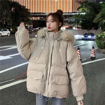 Djevojačka pamučna jakna s flisom, kapuljačom od umjetnog krzna, zatvarač, debela zimska jakna od poliestera