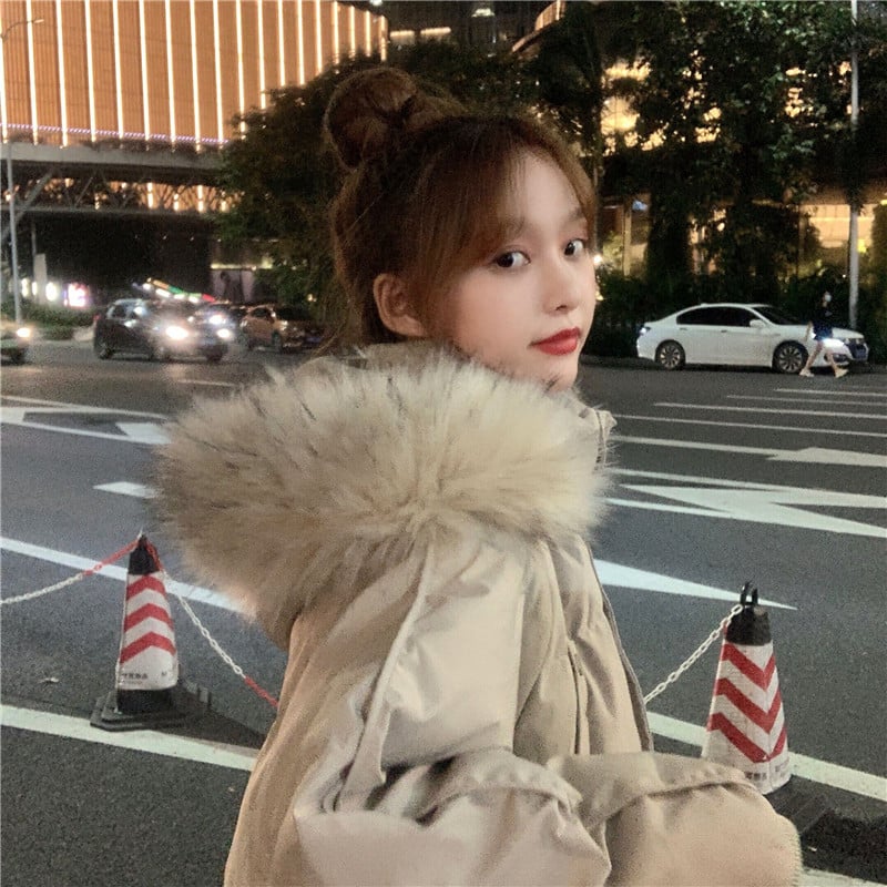 Djevojačka pamučna jakna s flisom, kapuljačom od umjetnog krzna, zatvarač, debela zimska jakna od poliestera