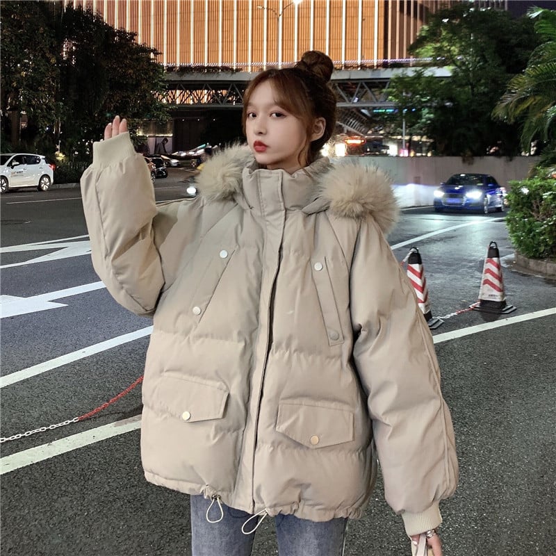 Djevojačka pamučna jakna s flisom, kapuljačom od umjetnog krzna, zatvarač, debela zimska jakna od poliestera