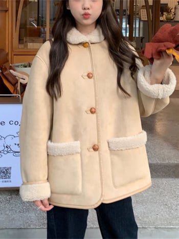 Ženski zimski kaput s reverom, neizvlačivi faux sherpa ovratnik, color-block uzorak, punilo od poliestera-pamuka, glavni materijal poliester, srednja duljina 50–65 cm