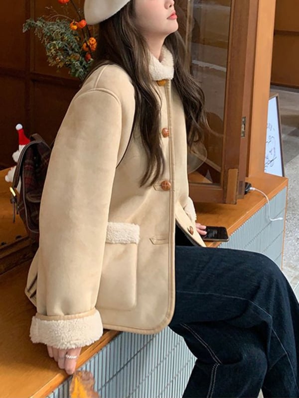 Ženski zimski kaput s reverom, neizvlačivi faux sherpa ovratnik, color-block uzorak, punilo od poliestera-pamuka, glavni materijal poliester, srednja duljina 50–65 cm