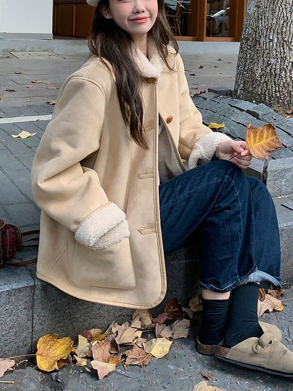 Ženski zimski kaput s reverom, neizvlačivi faux sherpa ovratnik, color-block uzorak, punilo od poliestera-pamuka, glavni materijal poliester, srednja duljina 50–65 cm