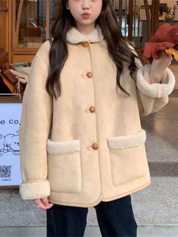 Ženski zimski kaput s reverom, neizvlačivi faux sherpa ovratnik, color-block uzorak, punilo od poliestera-pamuka, glavni materijal poliester, srednja duljina 50–65 cm