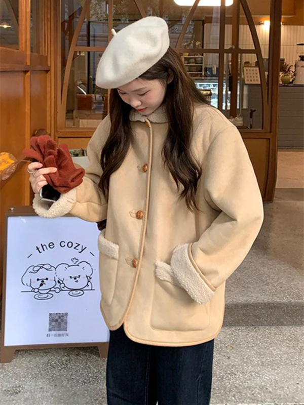 Ženski zimski kaput s reverom, neizvlačivi faux sherpa ovratnik, color-block uzorak, punilo od poliestera-pamuka, glavni materijal poliester, srednja duljina 50–65 cm