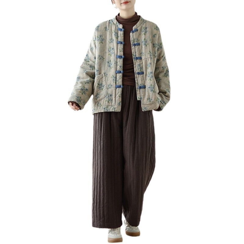 Ženski debeli puffer kaput od pamuka s akrilnim punjenjem, poliester tkanina, srednja duljina, dugi rukavi, umjetnički print, zatvaranje na gumbima