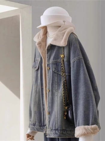 Γυναικείο τζιν πάρκα μπουφάν με επένδυση φλίς, μείγμα βαμβάκι-πολυεστέρα, κανονική γραμμή, γιακά τύπου πέτο