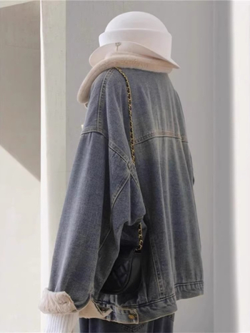 Γυναικείο τζιν πάρκα μπουφάν με επένδυση φλίς, μείγμα βαμβάκι-πολυεστέρα, κανονική γραμμή, γιακά τύπου πέτο