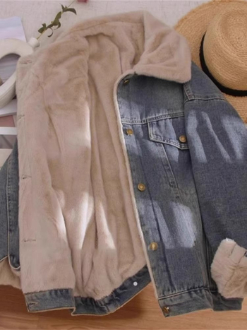 Γυναικείο τζιν πάρκα μπουφάν με επένδυση φλίς, μείγμα βαμβάκι-πολυεστέρα, κανονική γραμμή, γιακά τύπου πέτο