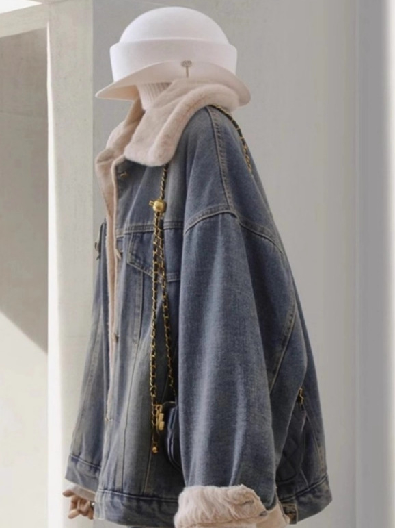 Γυναικείο τζιν πάρκα μπουφάν με επένδυση φλίς, μείγμα βαμβάκι-πολυεστέρα, κανονική γραμμή, γιακά τύπου πέτο