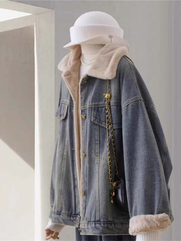 Γυναικείο τζιν πάρκα μπουφάν με επένδυση φλίς, μείγμα βαμβάκι-πολυεστέρα, κανονική γραμμή, γιακά τύπου πέτο