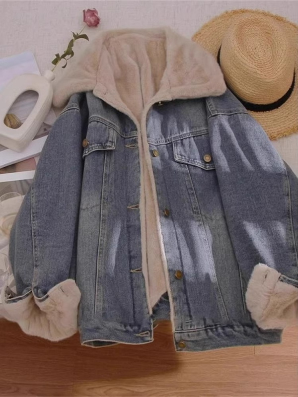 Γυναικείο τζιν πάρκα μπουφάν με επένδυση φλίς, μείγμα βαμβάκι-πολυεστέρα, κανονική γραμμή, γιακά τύπου πέτο