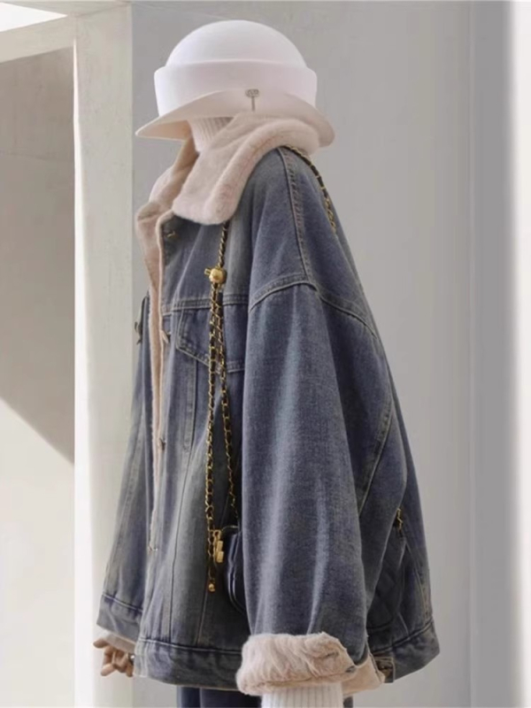 Γυναικείο τζιν πάρκα μπουφάν με επένδυση φλίς, μείγμα βαμβάκι-πολυεστέρα, κανονική γραμμή, γιακά τύπου πέτο