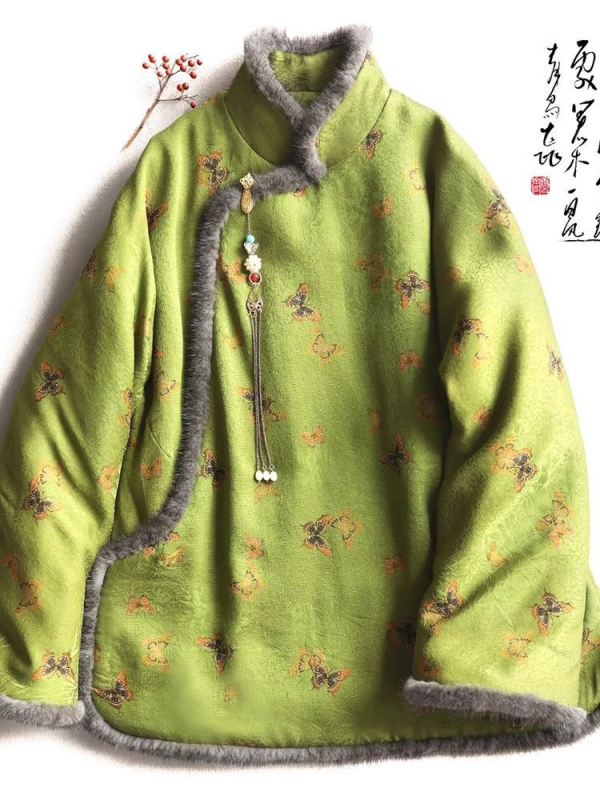 Ženska pamučna vatelinska jakna bez rukava s polo ovratnikom, retro etno-kineskog stila, Chenille tkanina, udio spandexa, ultra kratka duljina (≤40 cm)