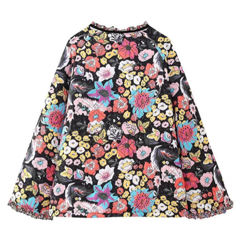 Дамско полиестерово палто за есен и зима със стояща яка, дълги ръкави, свободна кройка, флорален растителен принт, средна дължина, пълнител полиестер 80–90%