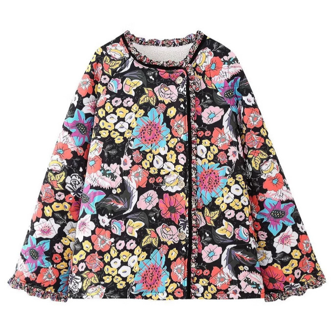 Дамско полиестерово палто за есен и зима със стояща яка, дълги ръкави, свободна кройка, флорален растителен принт, средна дължина, пълнител полиестер 80–90%