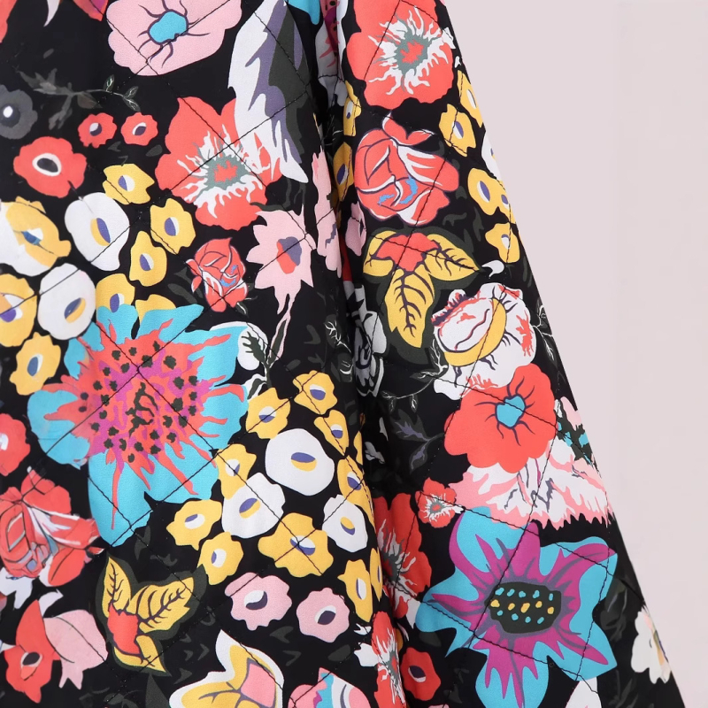 Дамско полиестерово палто за есен и зима със стояща яка, дълги ръкави, свободна кройка, флорален растителен принт, средна дължина, пълнител полиестер 80–90%