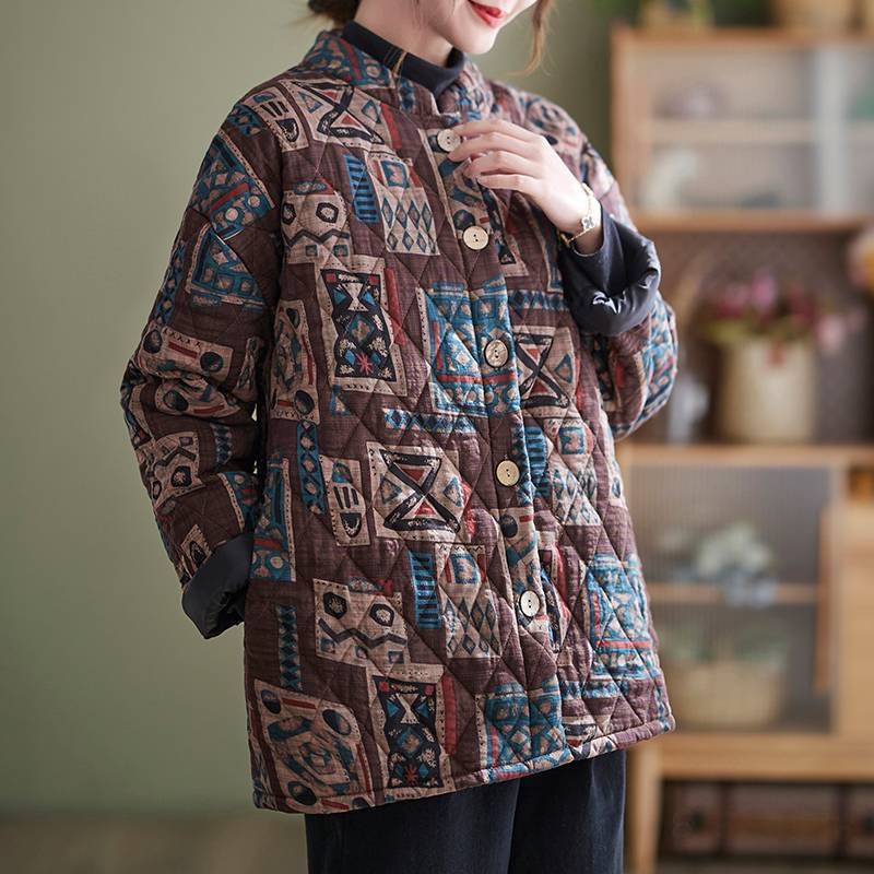 Női pamut töltött kabát kockás mintával, álló gallérral, vastag anyag, középhosszú, laza szabás, gombos záródás