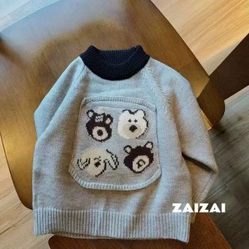 Dječji džemper u korejskom stilu s izvezenim crtanim medvjedom, pamukasti pleteni materijal, okrugli ovratnik, dugi rukavi, za djecu od 3 do 8 godina
