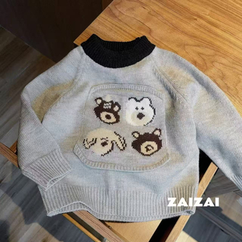 Dječji džemper u korejskom stilu s izvezenim crtanim medvjedom, pamukasti pleteni materijal, okrugli ovratnik, dugi rukavi, za djecu od 3 do 8 godina