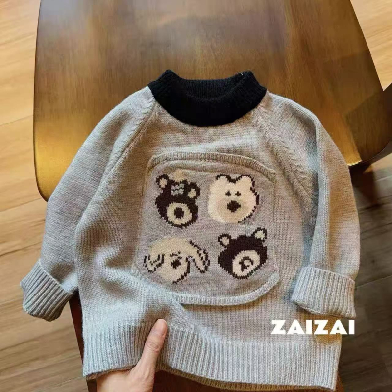 Dječji džemper u korejskom stilu s izvezenim crtanim medvjedom, pamukasti pleteni materijal, okrugli ovratnik, dugi rukavi, za djecu od 3 do 8 godina