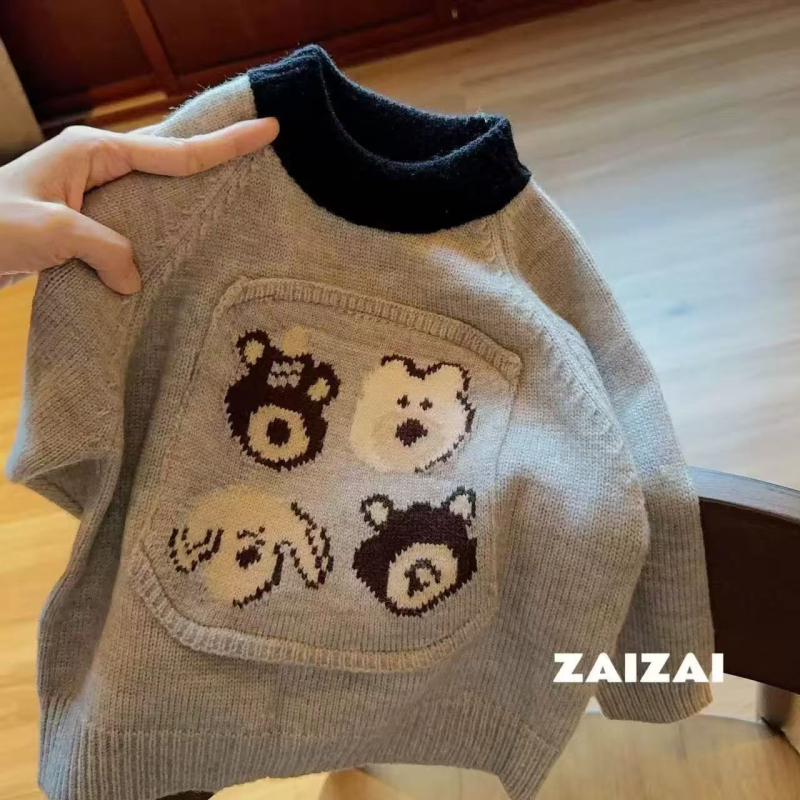Dječji džemper u korejskom stilu s izvezenim crtanim medvjedom, pamukasti pleteni materijal, okrugli ovratnik, dugi rukavi, za djecu od 3 do 8 godina