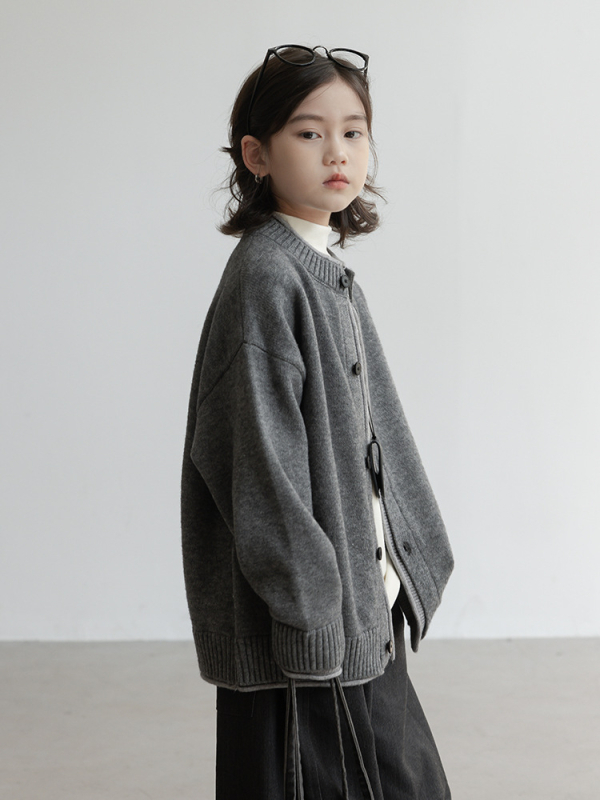 Gyerek kardigán pulóver, puha kezelt kötött anyag, vastag kötés, hosszú ujjú, egyenes gombos zárás, akril 42% / nylon 28% / PBT 30%