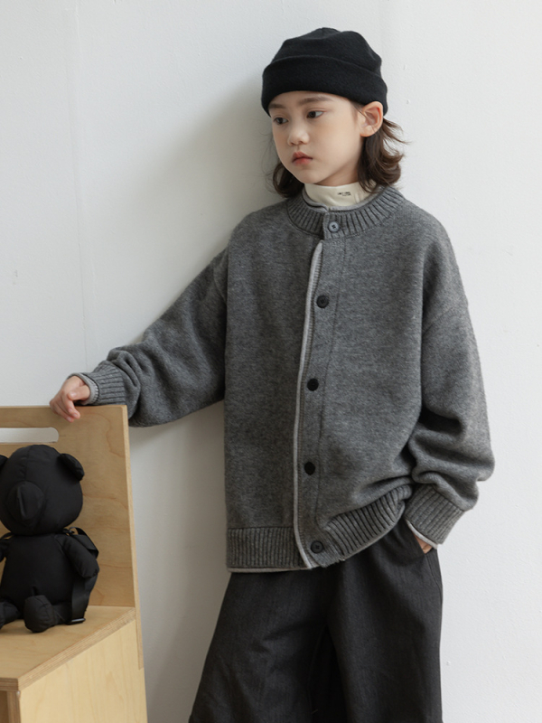 Gyerek kardigán pulóver, puha kezelt kötött anyag, vastag kötés, hosszú ujjú, egyenes gombos zárás, akril 42% / nylon 28% / PBT 30%