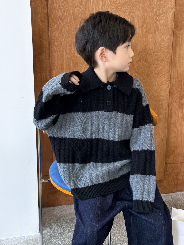 Fiúknak készült pulóver, akrilból, vastag téli modell, koreai stílusú galléros kivitel, hosszú ujjú