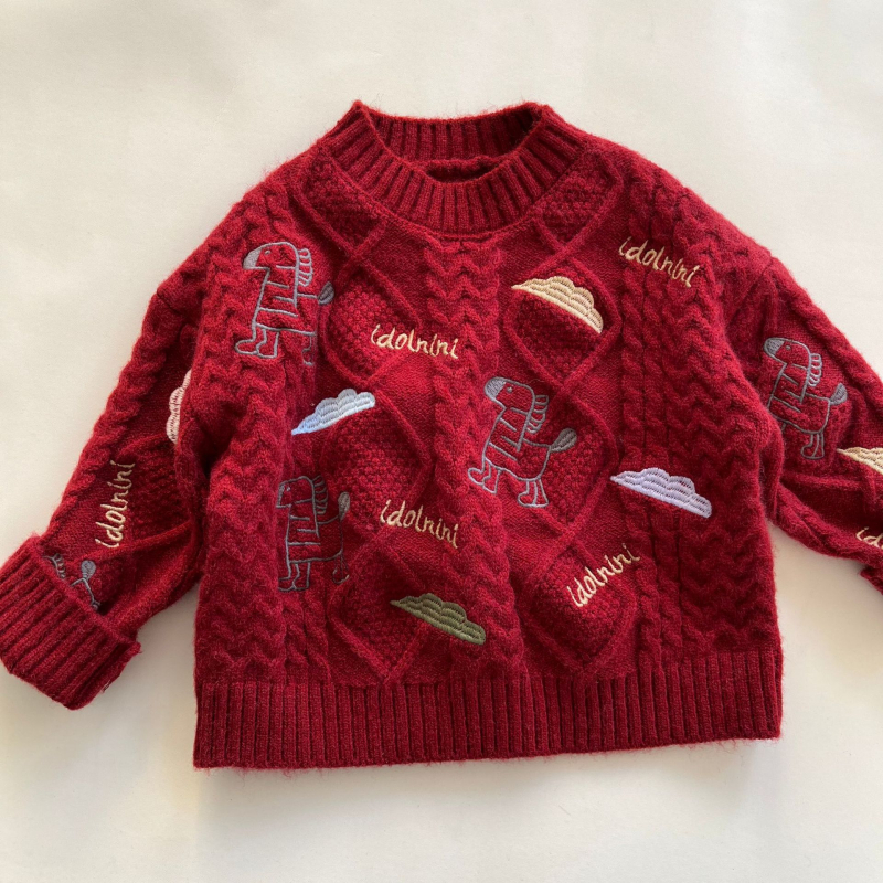 Gyerekeknek szóló koreai stílusú pulóver lóhímzéssel és teljes karikatúra mintával; vastag pamutfonalból készült kötött anyag; kerek nyak; hosszú ujjú; téli