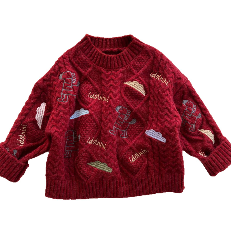 Gyerekeknek szóló koreai stílusú pulóver lóhímzéssel és teljes karikatúra mintával; vastag pamutfonalból készült kötött anyag; kerek nyak; hosszú ujjú; téli