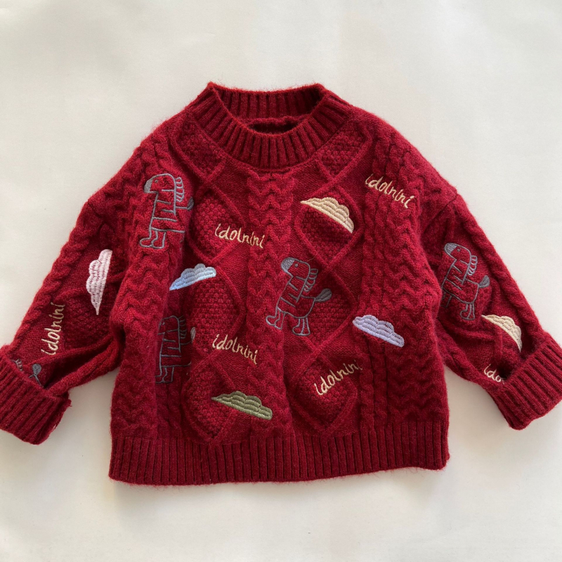 Gyerekeknek szóló koreai stílusú pulóver lóhímzéssel és teljes karikatúra mintával; vastag pamutfonalból készült kötött anyag; kerek nyak; hosszú ujjú; téli